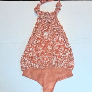 Free People Floral Halter Bodysuit in Coral